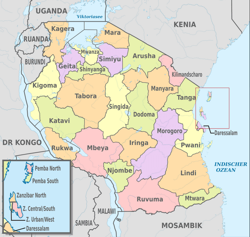 Map of Tanzania showing the national boundaries.