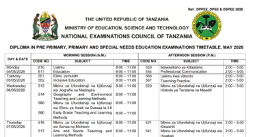 Official Necta Csee November 2026 Timetable Cover Page With Examination Dates 9Th To 27Th November 2026 And Subject Codes For Civics, Kiswahili, Basic Mathematics, Biology, Geography, English Language, Chemistry, History, Physics, And Practical Sessions.
