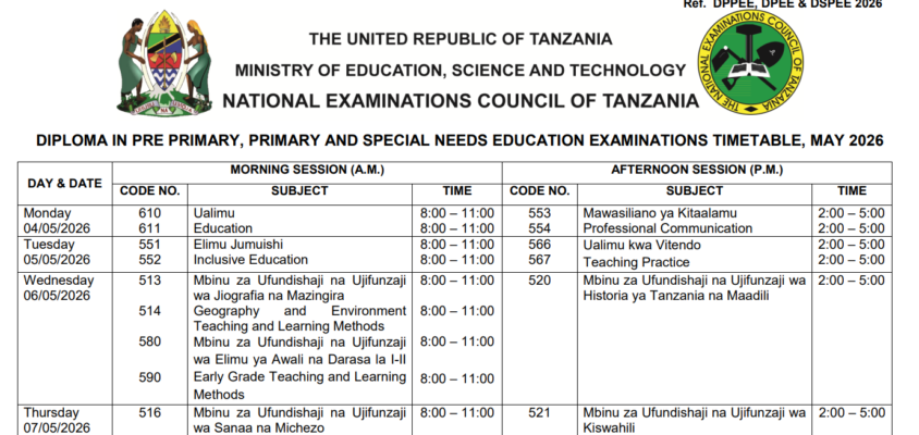 Official Necta Csee November 2026 Timetable Cover Page With Examination Dates 9Th To 27Th November 2026 And Subject Codes For Civics, Kiswahili, Basic Mathematics, Biology, Geography, English Language, Chemistry, History, Physics, And Practical Sessions.