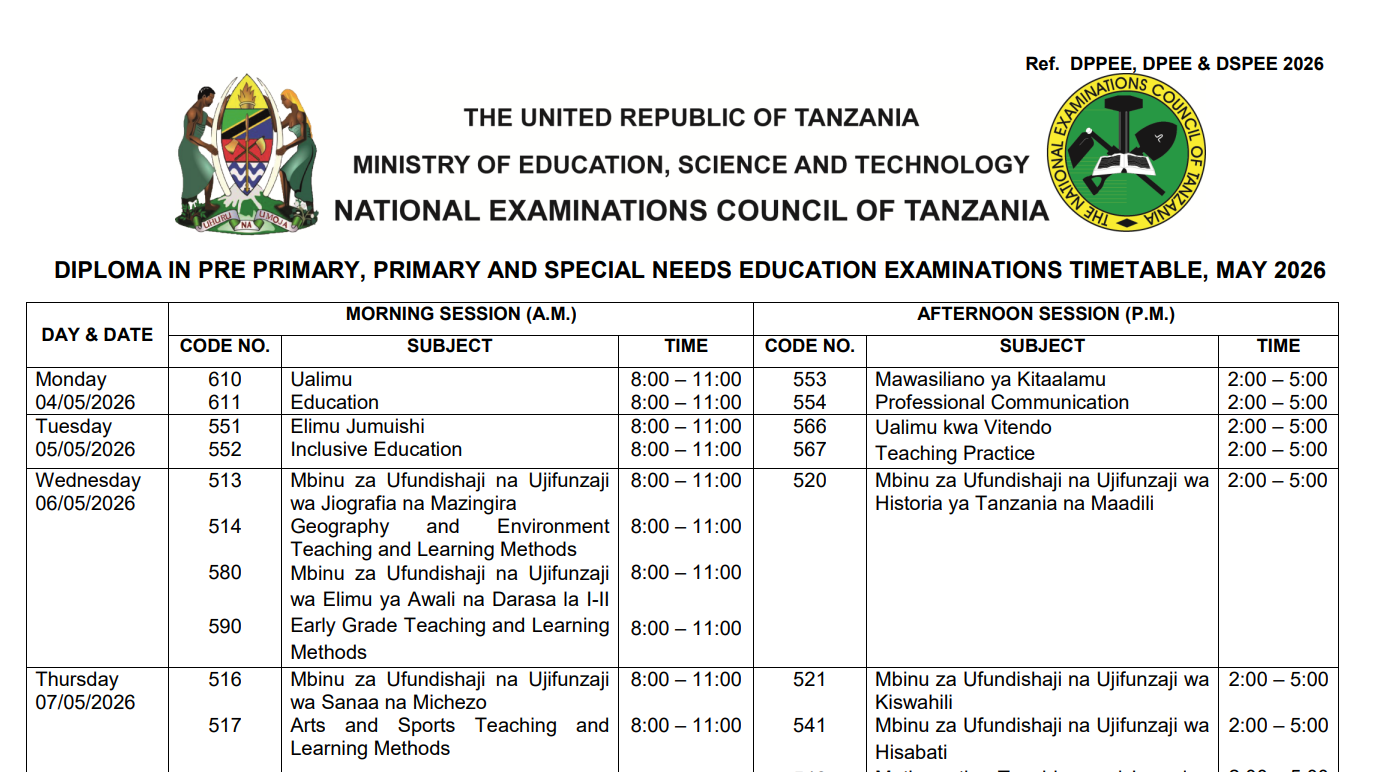 Official Necta Csee November 2026 Timetable Cover Page With Examination Dates 9Th To 27Th November 2026 And Subject Codes For Civics, Kiswahili, Basic Mathematics, Biology, Geography, English Language, Chemistry, History, Physics, And Practical Sessions.