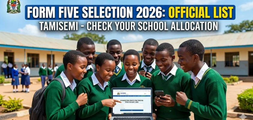 Tanzanian Students In Uniform Celebrating And Looking At A Laptop And Phone Displaying The Form Five Selection 2026 Tamisemi Official List.