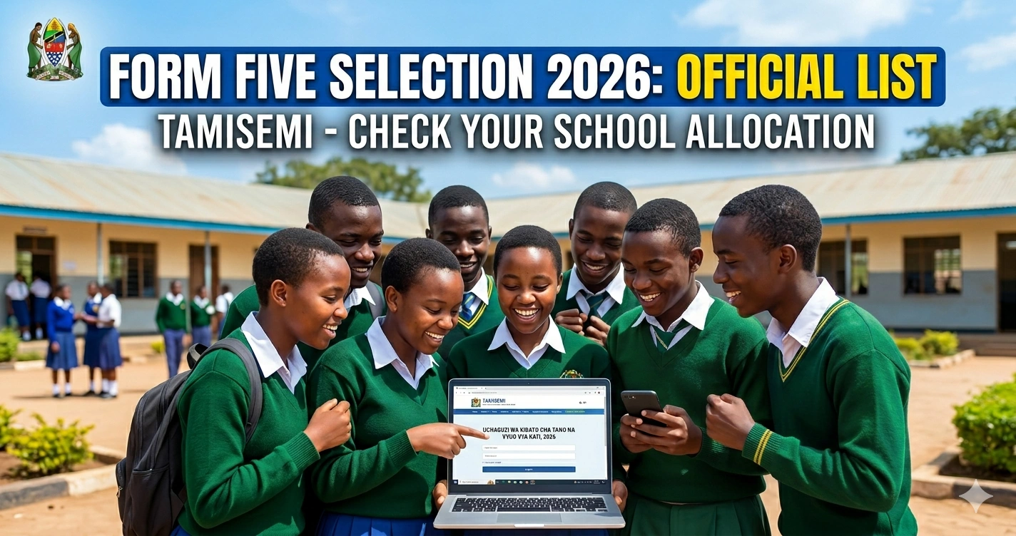 Tanzanian Students In Uniform Celebrating And Looking At A Laptop And Phone Displaying The Form Five Selection 2026 Tamisemi Official List.