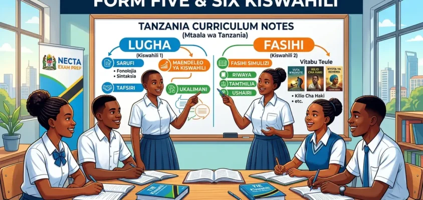 An Educational Infographic Illustrating Form Five And Six Kiswahili Notes For The Tanzania Curriculum. Six High School Students Sit At A Table With Books, Referencing A Whiteboard. The Board Details &Quot;Lugha&Quot; Topics Like Sarufi And Tafsiri, And &Quot;Fasihi&Quot; Topics Including Riwaya, Tamthilia, And Covers For Vitabu Teule Like &Quot;Vuta N'Kuvute&Quot; And &Quot;Kilio Cha Haki.&Quot; A Necta Exam Prep Banner Is In The Background.
