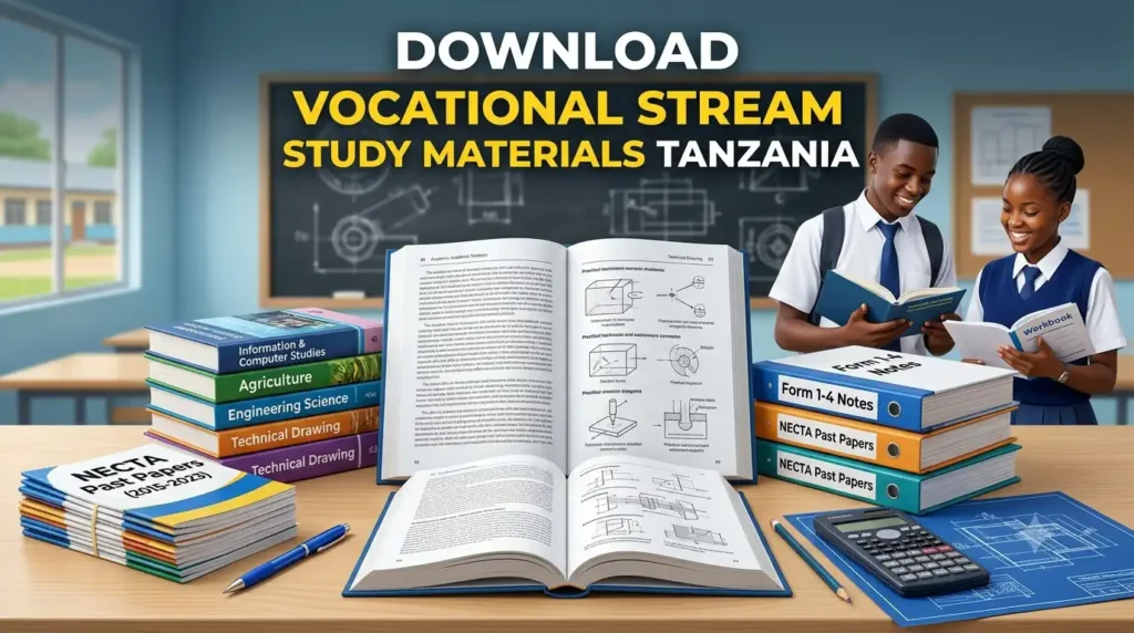 A Complete Study Resource Guide With 'Form 1-4 Notes' , 'Books' And 'Necta Past Papers' For The Tanzania Vocational Stream, Set In A Classroom.