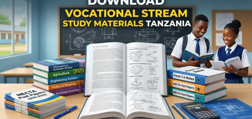 A Complete Study Resource Guide With 'Form 1-4 Notes' , 'Books' And 'Necta Past Papers' For The Tanzania Vocational Stream, Set In A Classroom.
